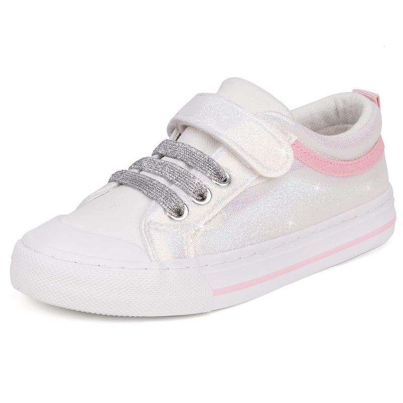 Toandon Little Girls Kids Sneakers Glitter Walking Shoes Child Straps Hoop and Loop Low Top Non Slip Lightweight Sparkly Breathable Casual Fashion Outdoor Pink White Star Size 12 - Image 1