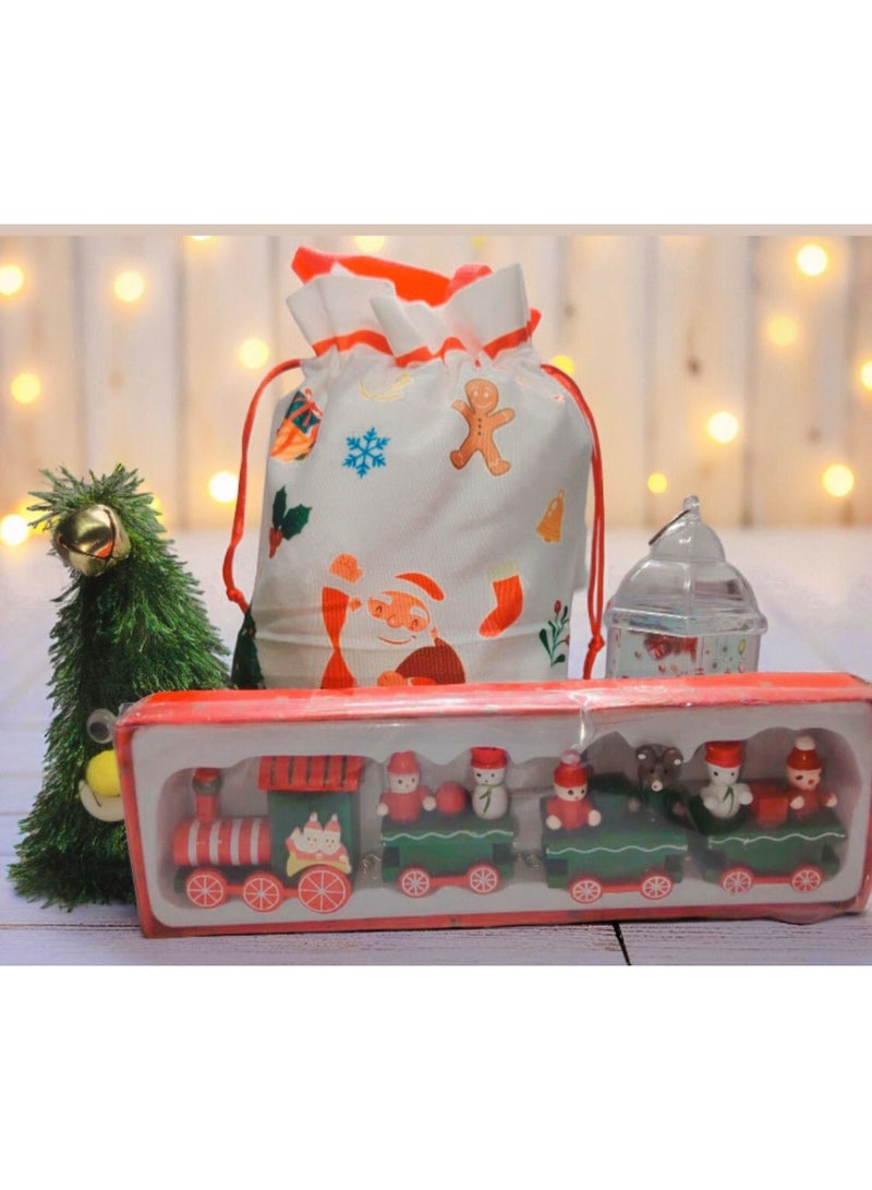 شنطة هدايا الكريماس + ( شجرة كريسماس قماشية راقصة + قطار عيد الميلاد خشبي + فانوس سانتا بابا نويل مضئ ) - Image 1