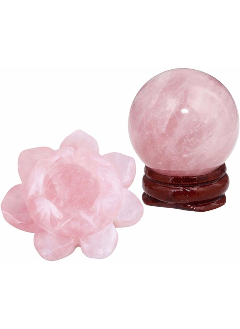 SUNYIK SUNYIK Natural Rose Quartz Crystal Ball Healing Figruine on Rose Quartz Lotus Flower(2"-2.2") 