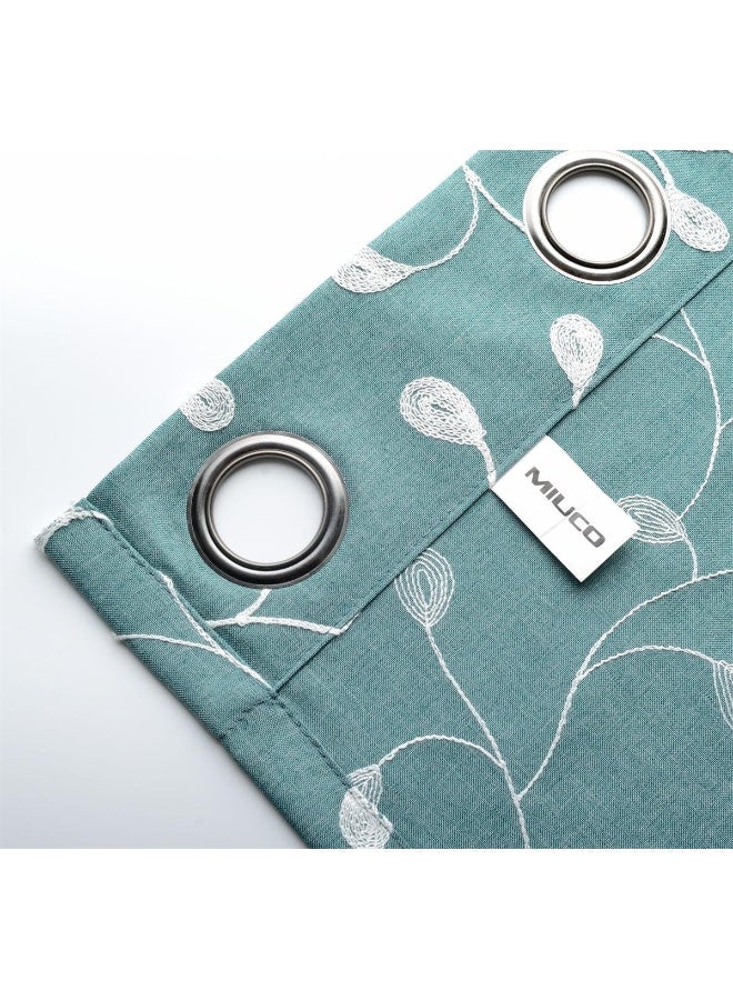 MIUCO Floral Embroidery Semi Sheers Curtain Faux Linen Grommet Window Curtains for Bedroom 52 x 95 Inch 2 Panels Teal - Image 3