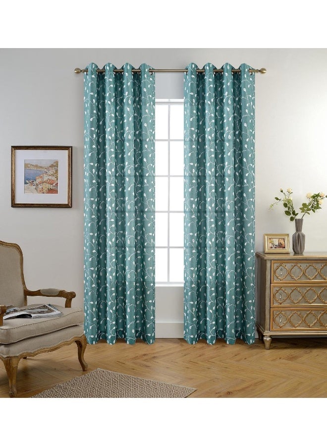 MIUCO Floral Embroidery Semi Sheers Curtain Faux Linen Grommet Window Curtains for Bedroom 52 x 95 Inch 2 Panels Teal - Image 2
