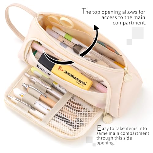 EASTHILL Pencil Case Large Capacity Pencil Pouch School Suppies Pen Case Stationery College Office Organizer for Girls AdultsCream - Image 3