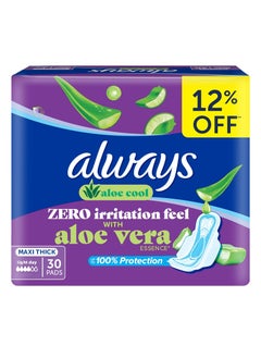 Aloe Cool Disposable Pads, With Aloe Vera Essence For Light Days, For Zero Irritation Feel, Long Maxi Thick Pads With Wings, 30 Count