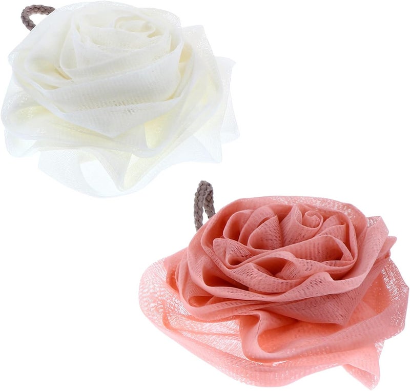 PATKAW 2 Pcs Flower Shower Sponge Bath Loofah Balls Mesh Bath Pouf Soft Foam Bathing Accessories for Women Teen, Cute Rose Shape in Pink and Milk White, Suitable for Daily Shower Use - Image 1