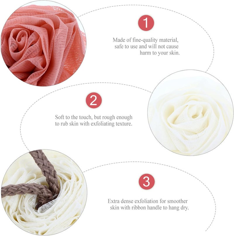 PATKAW 2 Pcs Flower Shower Sponge Bath Loofah Balls Mesh Bath Pouf Soft Foam Bathing Accessories for Women Teen, Cute Rose Shape in Pink and Milk White, Suitable for Daily Shower Use - Image 3
