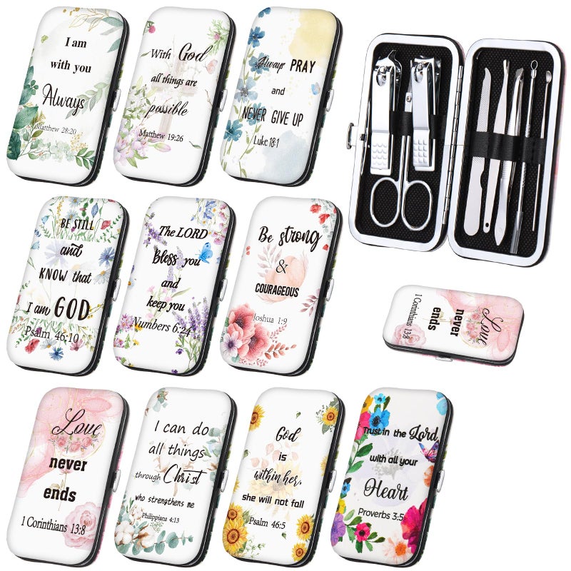 Lanties 10 Sets Christian Gifts Bulk for Women Church Bible Manicure Sets Floral Scripture Stainless Steel Nail Clipper Set Religious Gift for Employee Teacher Christmas Party Supplies - Image 1
