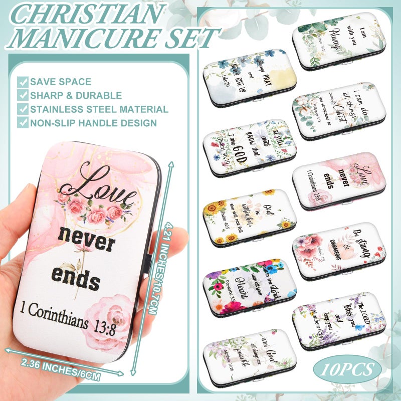 Lanties 10 Sets Christian Gifts Bulk for Women Church Bible Manicure Sets Floral Scripture Stainless Steel Nail Clipper Set Religious Gift for Employee Teacher Christmas Party Supplies - Image 2