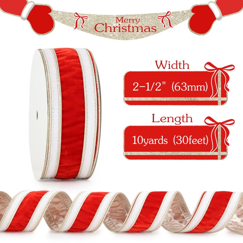 MAYREEL Double Color Red and White Velvet Wired Ribbon 2.5 Inch Christmas Tree Ribbon, 10 Yards Roll â€“ Festive Holiday Craft, Gift Wrapping, Wreath Supplies, Bows, Garlands & Decoration - Image 2