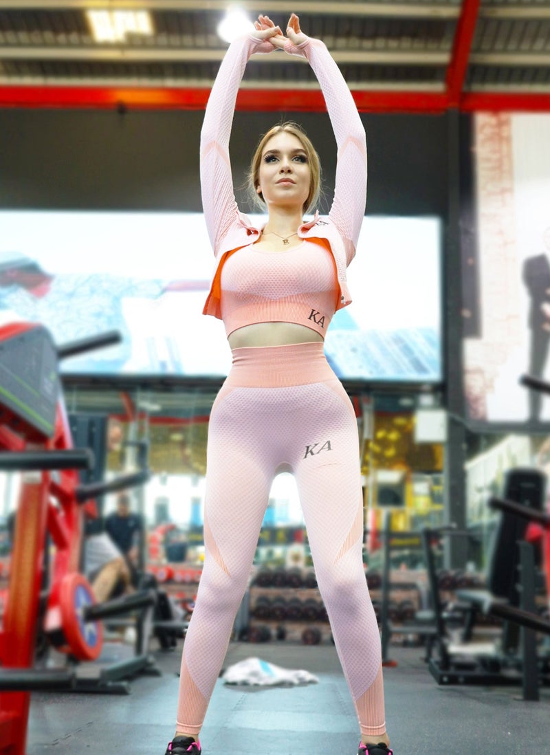 KIDWALA ACTIVE Kidwala Flux Set With Jacket - High Waisted Lift Shaping Legging with Sports Bra with Thumb Hole Front Zipper Crop Jacket Tracksuit Workout Gym Yoga Outfit for Women (Small, Pink) - Image 3