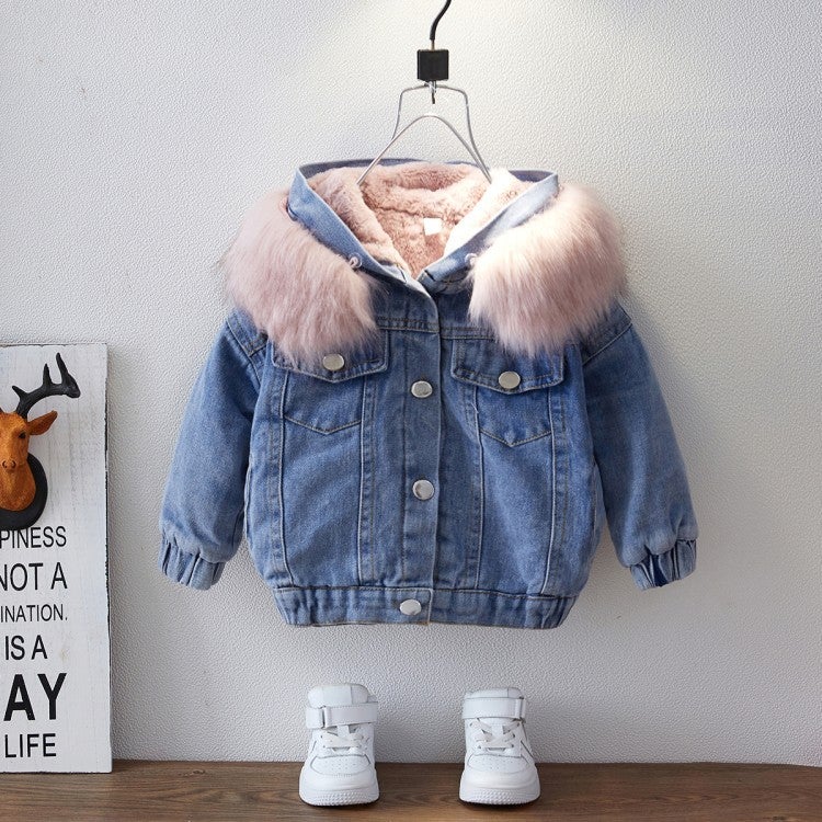 Girls' Velvet Thickeneded Denim Jacket Baby Short Hooded Top 2025 Large Fur Collar Denim Jacket - Image 4