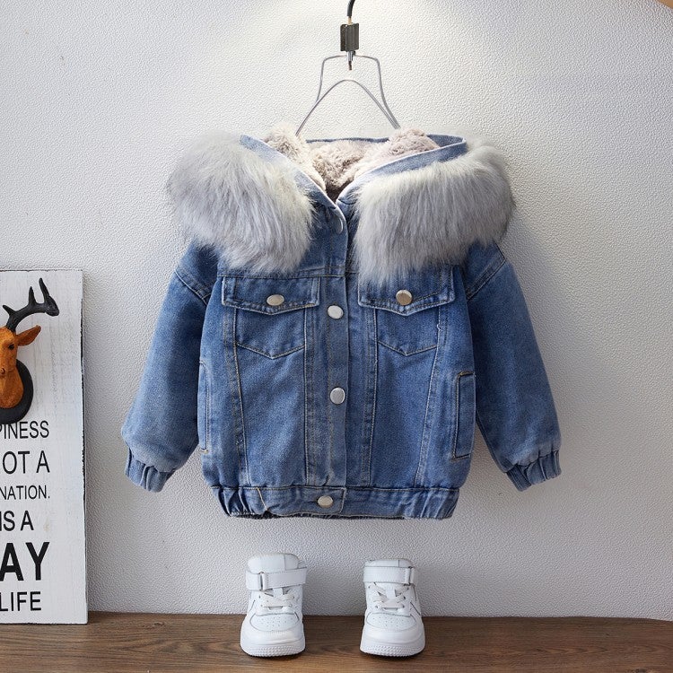 Girls' Velvet Thickeneded Denim Jacket Baby Short Hooded Top 2025 Large Fur Collar Denim Jacket - Image 1