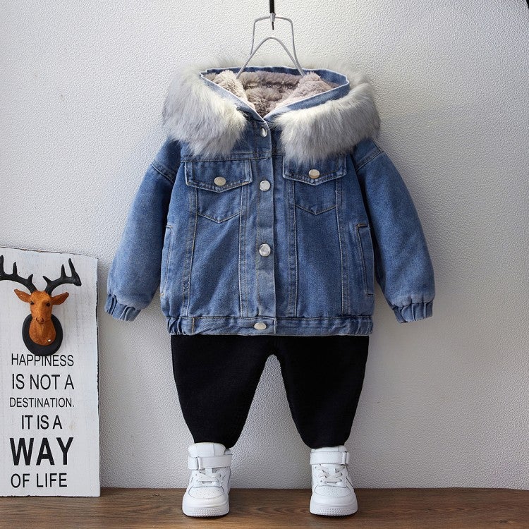 Girls' Velvet Thickeneded Denim Jacket Baby Short Hooded Top 2025 Large Fur Collar Denim Jacket - Image 3