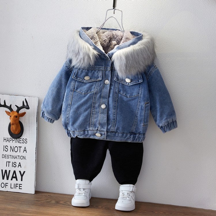 Girls' Velvet Thickeneded Denim Jacket Baby Short Hooded Top 2025 Large Fur Collar Denim Jacket - Image 5