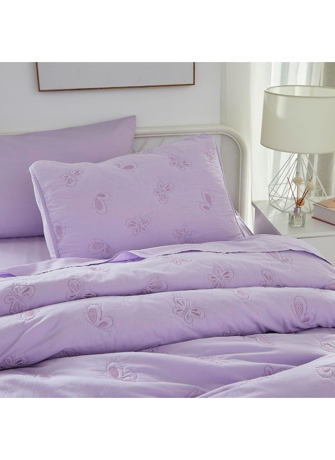 Brandream Brandream Kids Twin Bedding Comforter Set Kids Bed-in-a-Bag Butterfly Embroidery 100% Washed Pure Cotton Bedding 5 Pieces Set with Quilt Comforter, Sheet, Pillowcase & Sham (Purple)  - Image 3