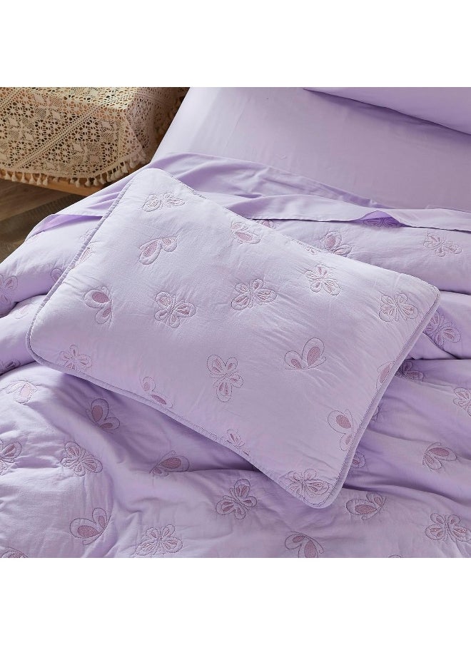 Brandream Brandream Kids Twin Bedding Comforter Set Kids Bed-in-a-Bag Butterfly Embroidery 100% Washed Pure Cotton Bedding 5 Pieces Set with Quilt Comforter, Sheet, Pillowcase & Sham (Purple)  - Image 1