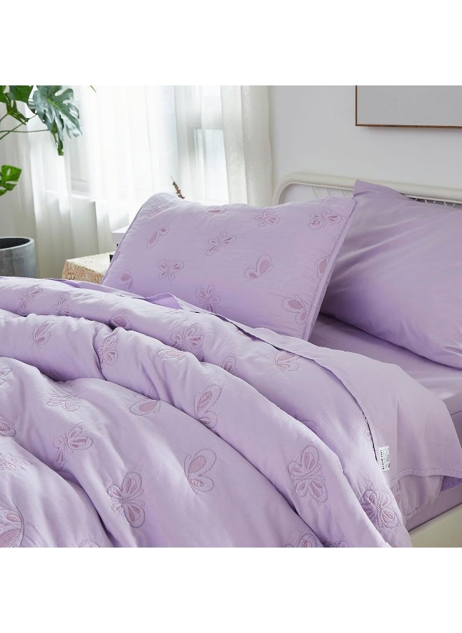 Brandream Brandream Kids Twin Bedding Comforter Set Kids Bed-in-a-Bag Butterfly Embroidery 100% Washed Pure Cotton Bedding 5 Pieces Set with Quilt Comforter, Sheet, Pillowcase & Sham (Purple)  - Image 2