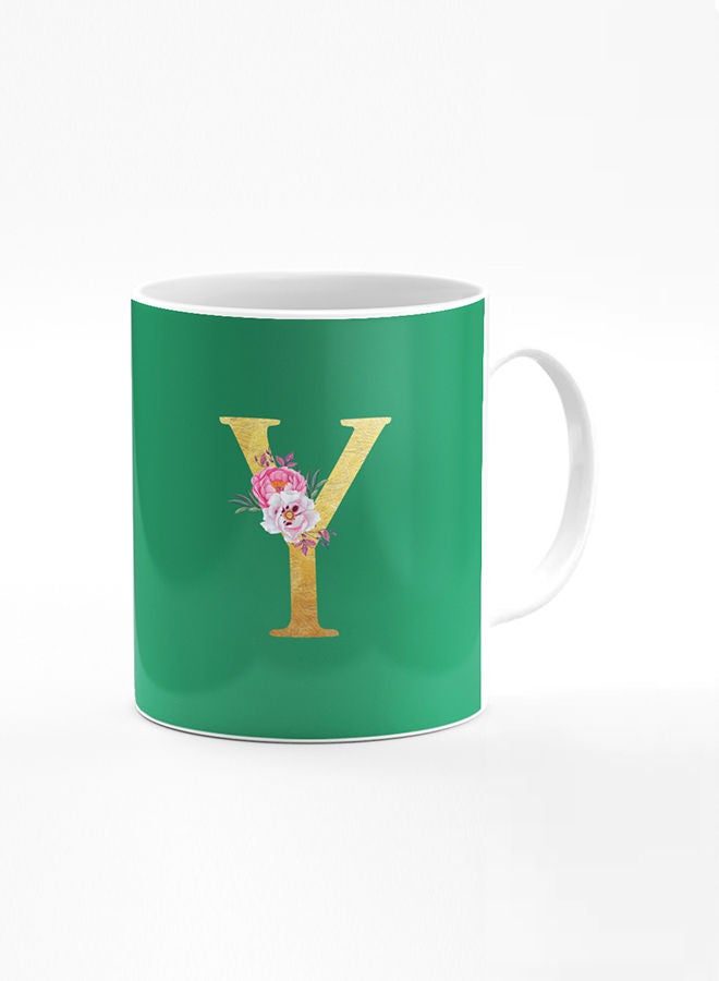 Stylizedd Designer Printed Coffee Mug 11oz Ceramic Personalised Gift Mugs Cup -Custom Monogram Initial Letter Floral Pattern Alphabet - Y (Dark Spring Green)  - Image 1