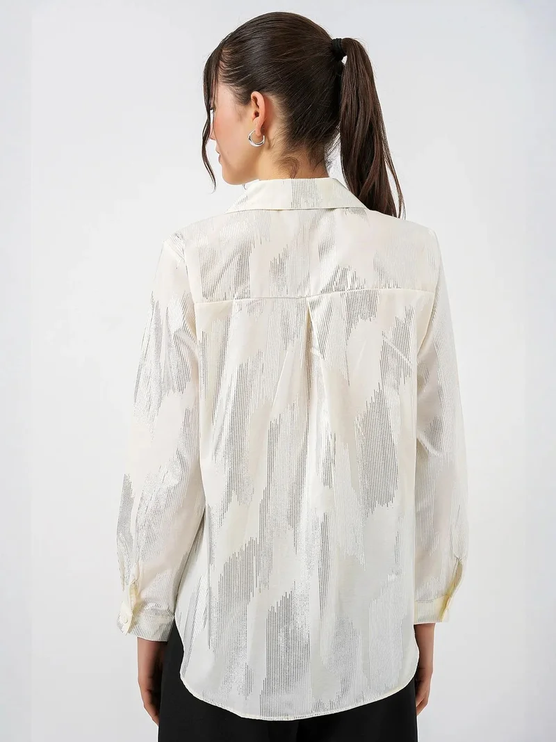 Big Dart Ivory Natural BDART Oversized Abstract Print Button-Front Shirt for Women | Best Price UAE