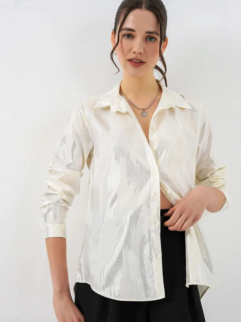 Big Dart Ivory Natural BDART Oversized Abstract Print Button-Front Shirt for Women | Best Price UAE
