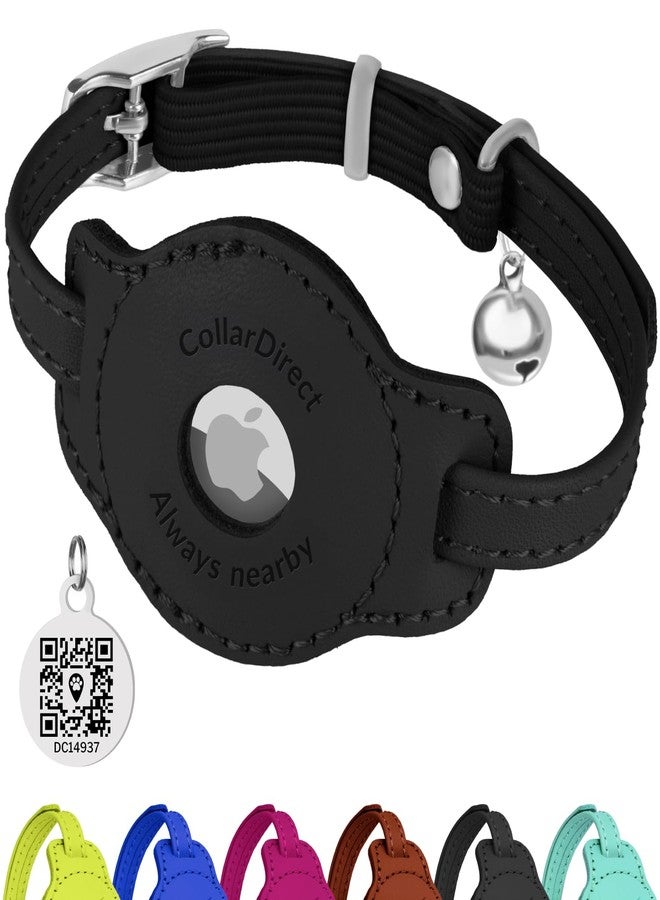 CollarDirect Airtag Cat Colar with QR Tag and Bell - Leather Cat Collar with Airtag Holder and Elastic Strap for Kittens, Small Large Cats - Collar for Girl Boy Cats (Black, Neck Size 8"-11") - Image 1