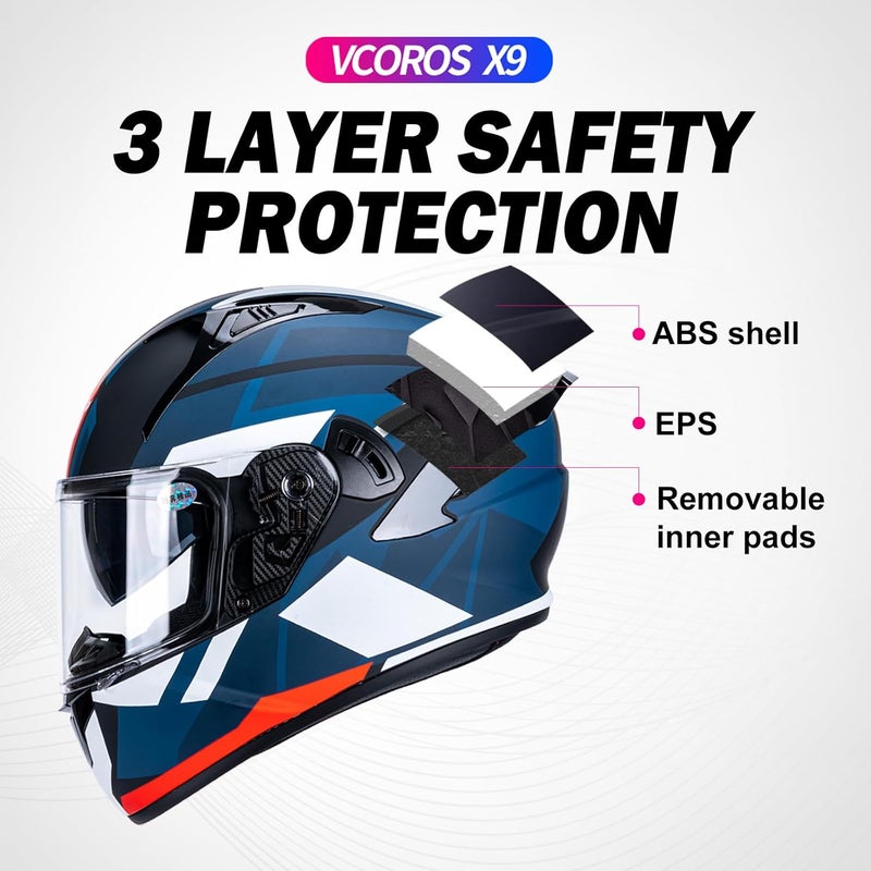 VCOROS X9 Full Face Motorcycle Helmet with Inner Sun Visor and Bluetooth Ready Speaker Pockets - Image 3