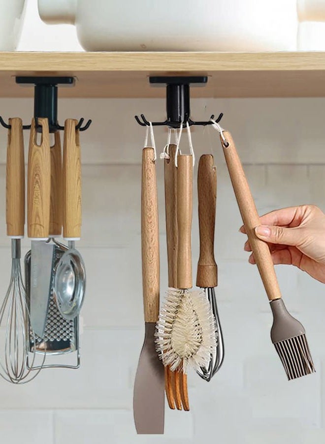EigPluy 2pcs Under Cabinet Kitchen Utensil Hooks,360° Rotating Drilling Free Adhesive Utensils Hanging Rack for Tools/Towel/Knife (Black) - Image 1