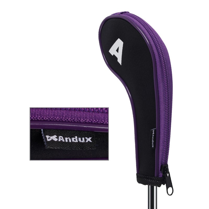 Andux 12pcs/Set Golf Iron Club Head Covers Number Print Long Neck with Zipper Black/Purple - Image 3
