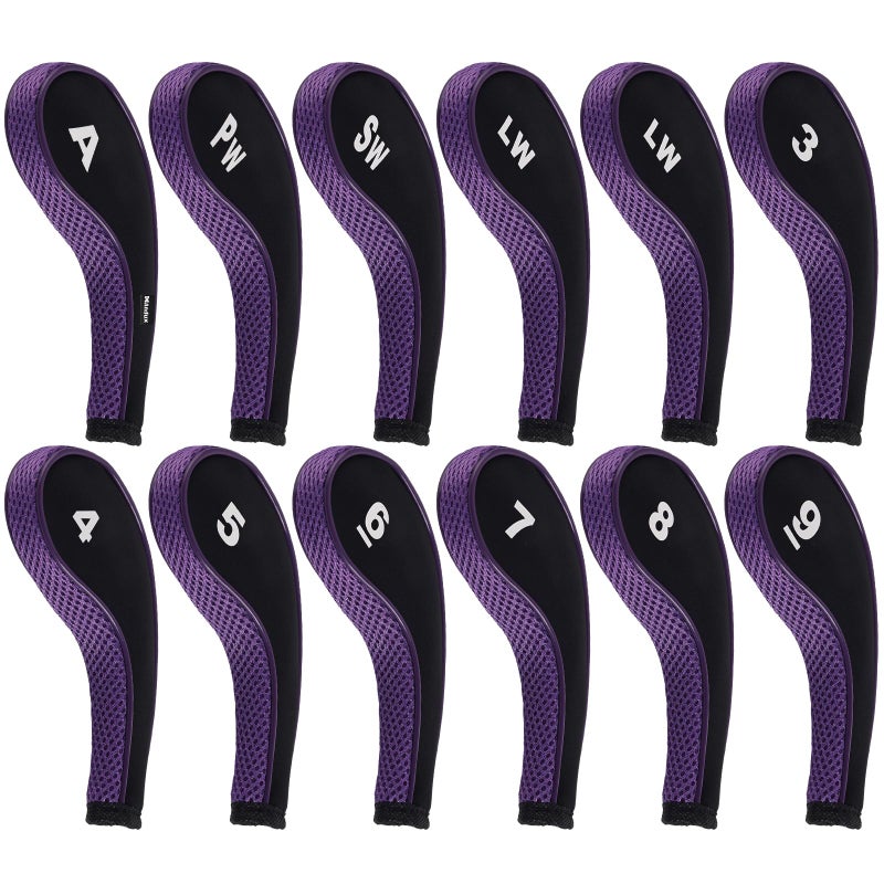 Andux 12pcs/Set Golf Iron Club Head Covers Number Print Long Neck with Zipper Black/Purple - Image 1
