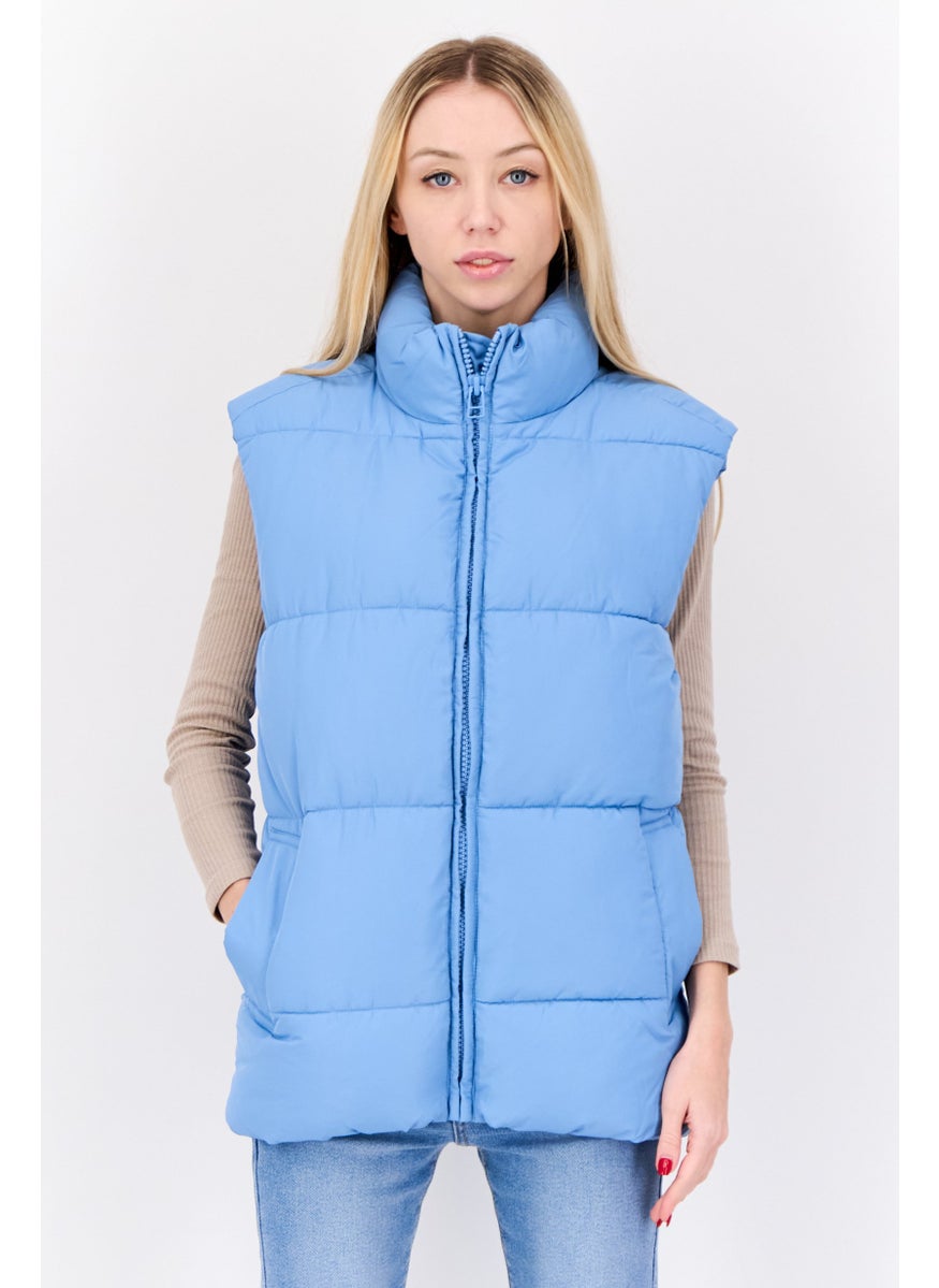 MONKI Women Quilted Puffer Vest Jacket, Slate Blue  - Image 1