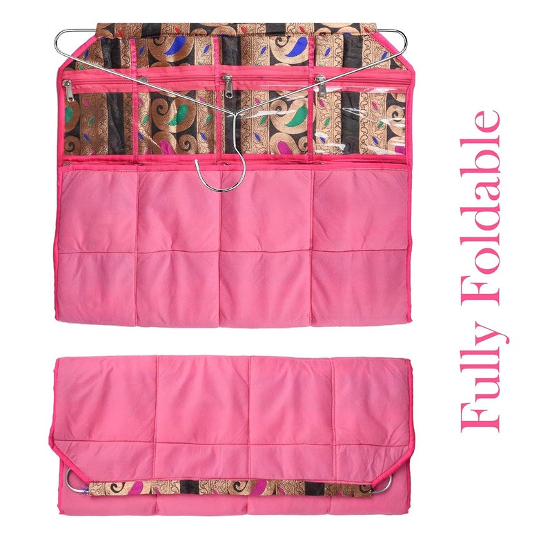 Kuber Industries Hanging Organizer Wall Makeup Hanger Storage Organizer Hanger for SocksBelt And Ties Hanging Jewellery Organizer 19 Clear PVC Pockets Carry Jama Pink - Image 5
