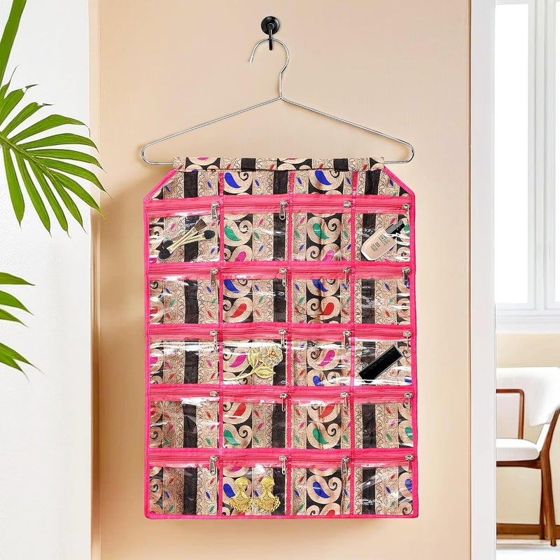 Kuber Industries Hanging Organizer Wall Makeup Hanger Storage Organizer Hanger for SocksBelt And Ties Hanging Jewellery Organizer 19 Clear PVC Pockets Carry Jama Pink - Image 1