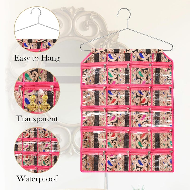 Kuber Industries Hanging Organizer Wall Makeup Hanger Storage Organizer Hanger for SocksBelt And Ties Hanging Jewellery Organizer 19 Clear PVC Pockets Carry Jama Pink - Image 4