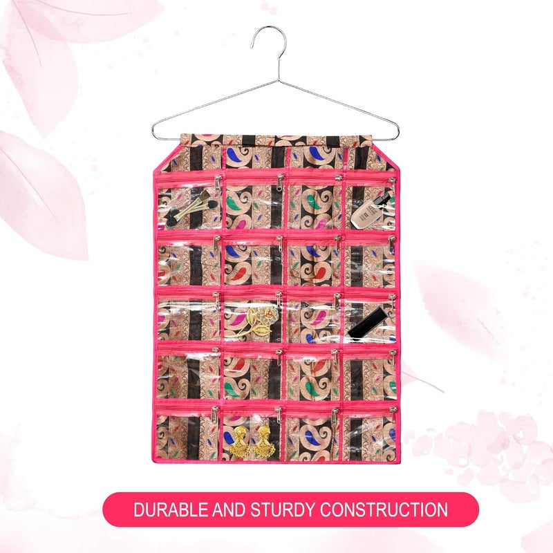 Kuber Industries Hanging Organizer Wall Makeup Hanger Storage Organizer Hanger for SocksBelt And Ties Hanging Jewellery Organizer 19 Clear PVC Pockets Carry Jama Pink - Image 2