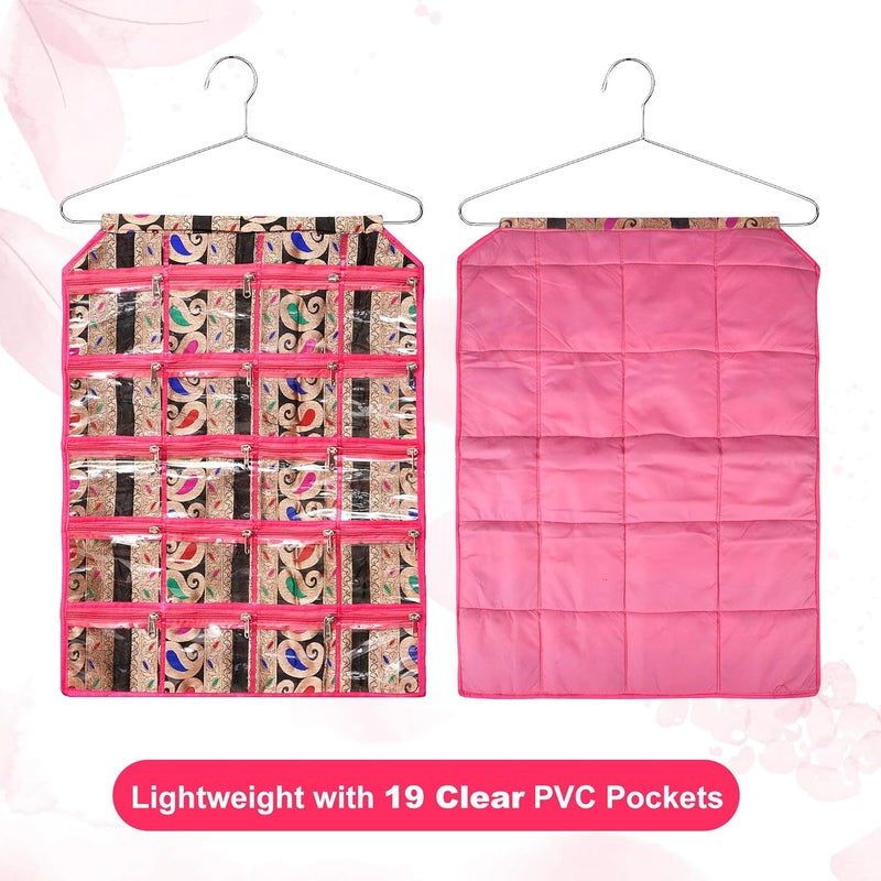 Kuber Industries Hanging Organizer Wall Makeup Hanger Storage Organizer Hanger for SocksBelt And Ties Hanging Jewellery Organizer 19 Clear PVC Pockets Carry Jama Pink - Image 3