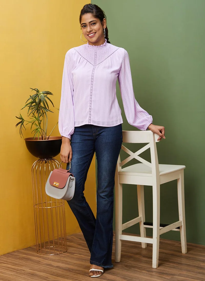 globus Globus Women Lavender High Neck Puff Sleeves Smocked Georgette Top