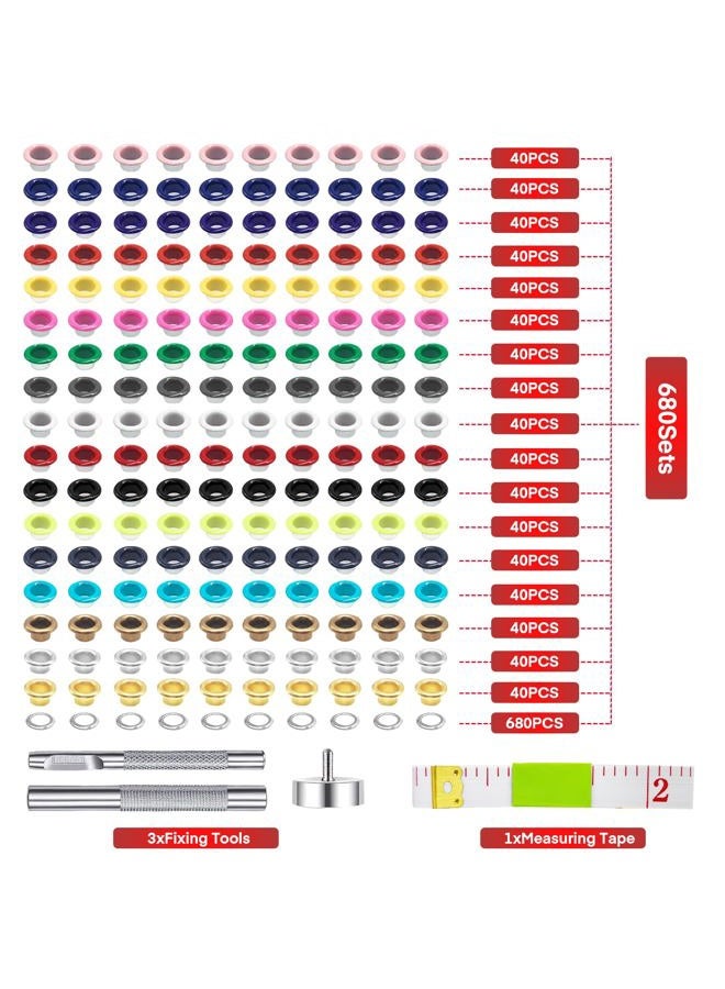 Meifuly Metal Eyelets Grommets, 680Pcs 17 Colors 3/16 inch Metal Grommets Kit, Multi-Color Eyelets Set with Installation Tool, Measuring Tape and Storage Box for DIY Shoes Belt Clothes Crafts Bag - Image 2