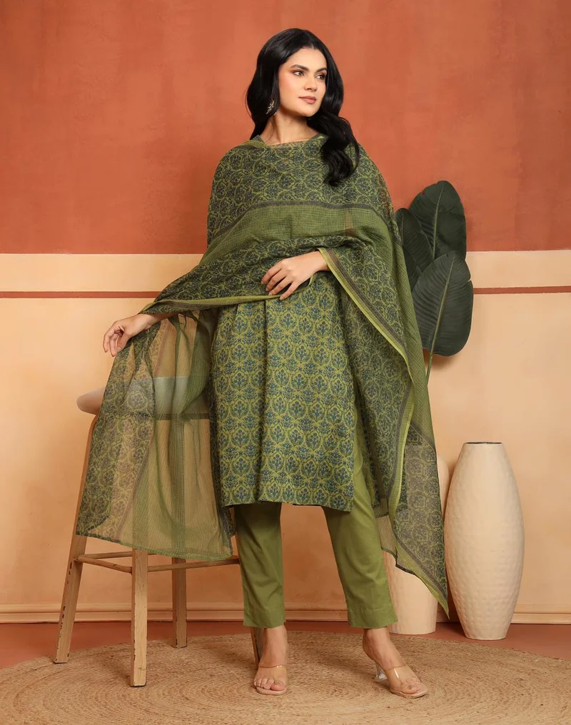 Avni Green Cotton Printed Kurta, Pant & Dupatta Set