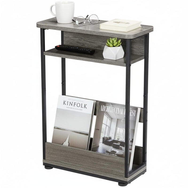 YEAKOO Narrow Side Table,3-Tier Slim End Table with Storage Shelf,Modern Sofa Table Thin Side Table for Narrow and Small Spaces, Skinny Bedside Table Small Nightstand with Magazine Rack Space Saving/Grey - Image 1