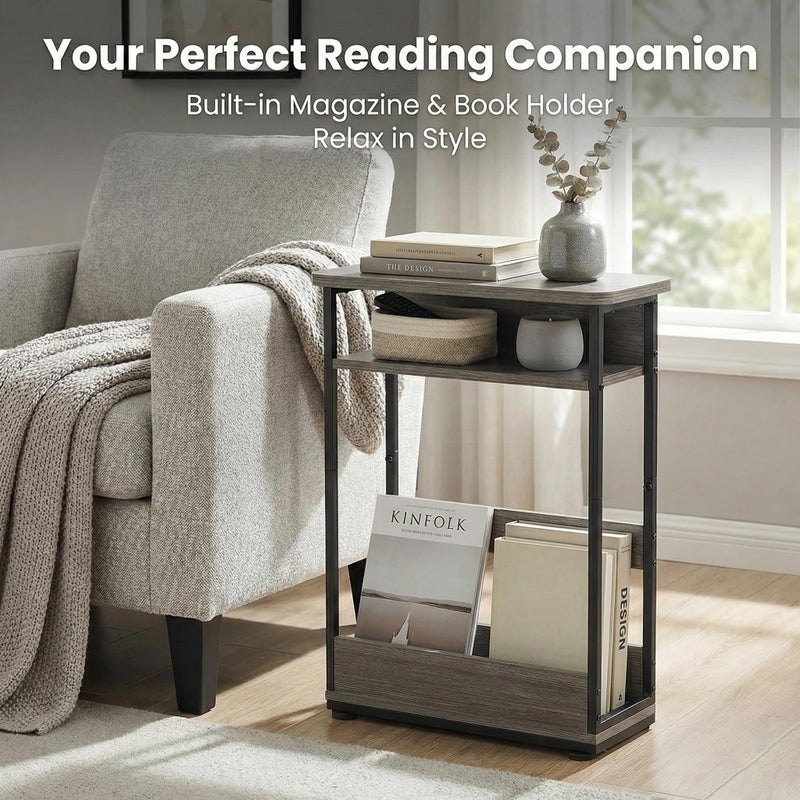 YEAKOO Narrow Side Table,3-Tier Slim End Table with Storage Shelf,Modern Sofa Table Thin Side Table for Narrow and Small Spaces, Skinny Bedside Table Small Nightstand with Magazine Rack Space Saving/Grey - Image 3