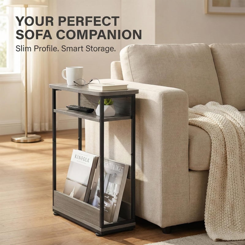 YEAKOO Narrow Side Table,3-Tier Slim End Table with Storage Shelf,Modern Sofa Table Thin Side Table for Narrow and Small Spaces, Skinny Bedside Table Small Nightstand with Magazine Rack Space Saving/Grey - Image 2