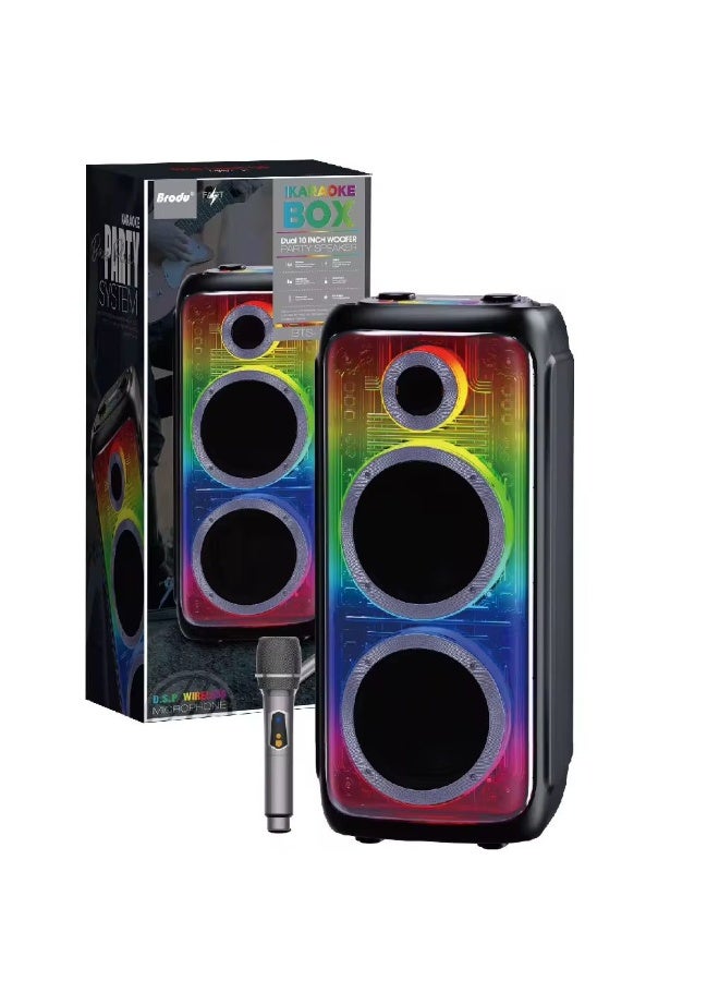 Large Karaoke Party Speaker with Dual 10-Inch Woofer, Bluetooth, LED Lights & Wireless Microphone – Powerful Bass Party Box - Image 2