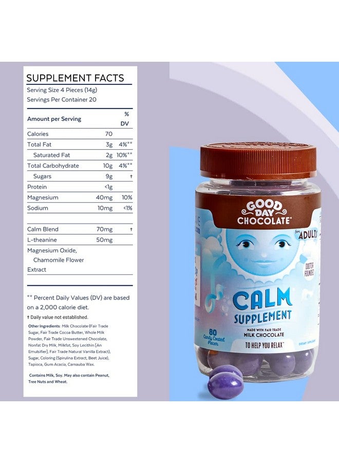 Good Day Chocolate Natural Calming Supplement for Adults, Blend of Camomile, Theanine, Magnesium, Fair Trade and Non-GMO Chocolate, 80 Pieces - Image 2