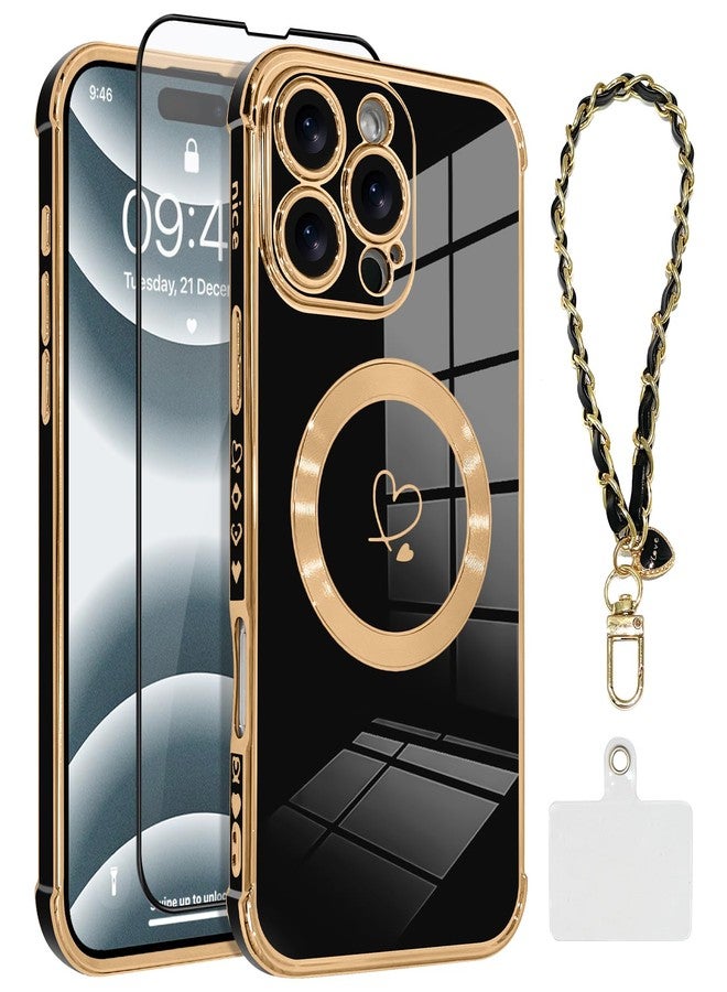 أو أو كيه جراب OOK المغناطيسي للهاتف iPhone 16 Pro Max [متوافق مع MagSafe] غطاء هاتف ناعم من مادة TPU على شكل قلب مع واقي شاشة، مقاوم للصدمات، جراب نحيف مع حزام وحزام تعليق للنساء - أسود - Image 1