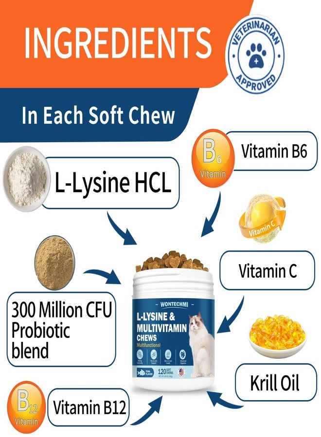 وونتيكمي مكمل غذائي للقطط من WONTECHMI يحتوي على L-Lysine، فيتامينات للقطط لعلاج العطس وسيلان الأنف ونزلات البرد ودعم المناعة ووظائف العين وصحة الجهاز التنفسي، مكافآت طبيعية للقطط تحتوي على الليسين (120 قطعة للمضغ، بنكهة التونة) - Image 2