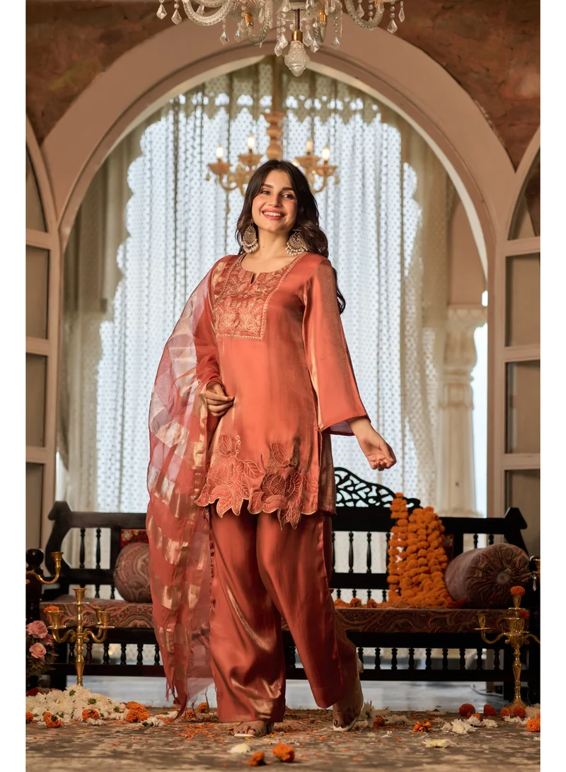 Priya’s Panache Premium Rust Orange Tissue Satin 3-Piece Suit Set for Women with Floral Embroidery & Zari Stripe Dupatta | Straight Kurta with 3/4 Sleeves & Matching Pants | Indian Ethnic Wear | Kurti Set | Festive & Wedding Wear