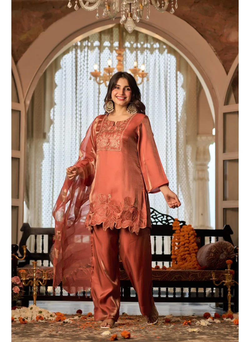 Priya’s Panache Premium Rust Orange Tissue Satin 3-Piece Suit Set for Women with Floral Embroidery & Zari Stripe Dupatta | Straight Kurta with 3/4 Sleeves & Matching Pants | Indian Ethnic Wear | Kurti Set | Festive & Wedding Wear