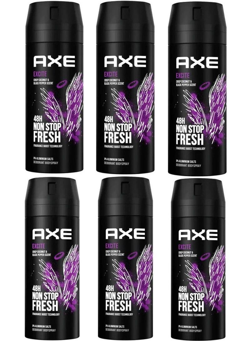 Axe Pack of 6 Excite Body Deodorant Spray Crisp Coconut And Black Pepper Scent 6x150ml