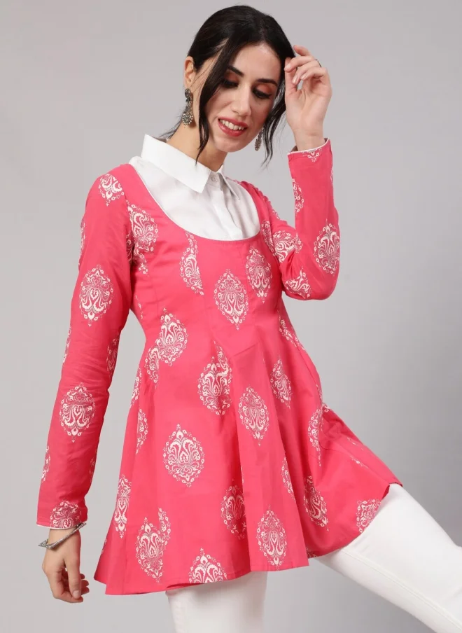 أيه كيه إس Pink Ethnic Motif Printed Cotton Tunic for Women