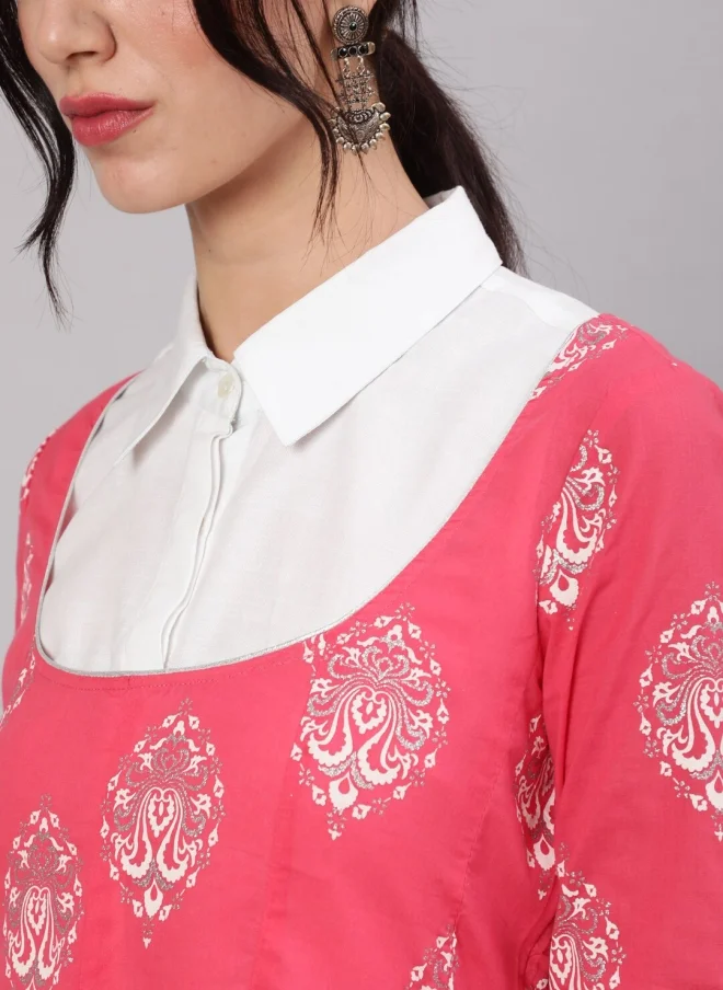 أيه كيه إس Pink Ethnic Motif Printed Cotton Tunic for Women