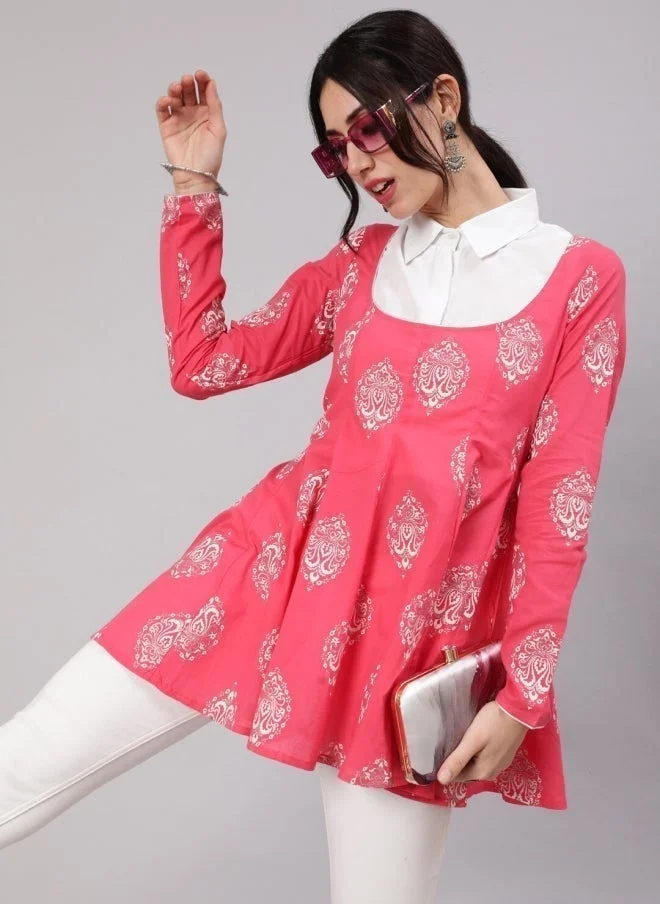 AKS Pink Ethnic Motif Printed Cotton Tunic for Women